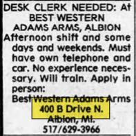 Super 9 Inn (Best Western Adams Arms) - May 1989 Ad (newer photo)
